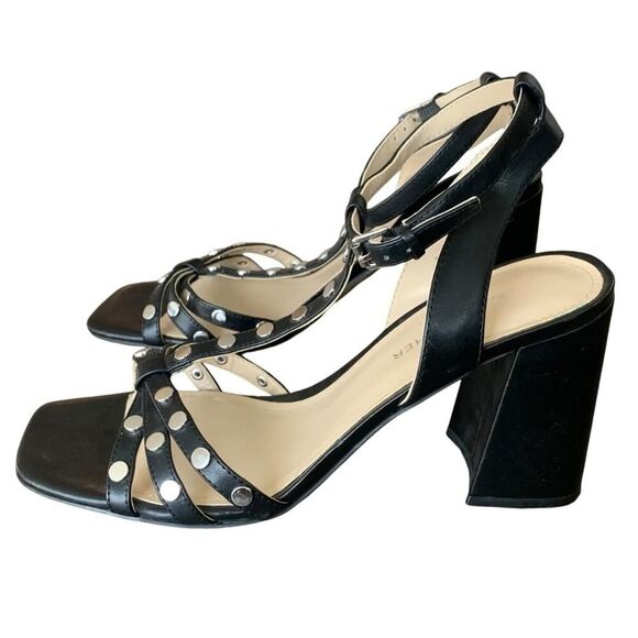 Marc Fisher Quilon Studded Heeled Sandal Women's Block T-Strap Black Size 9 1/2 - Picture 3 of 12